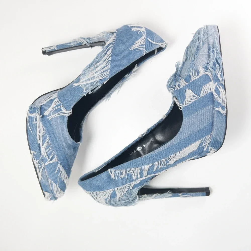 Azalea Wang Giada Denim Platform Pumps Womens 9 Frayed Patchwork Pointy Stiletto